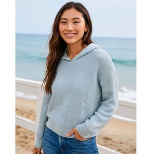 Lucky Brand Waffle Knit Hoodie Sweater Womens Sz M Pullover Coastal Cotton Comfy